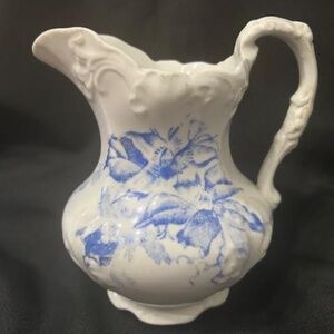 Antique 1893 Wheeling Pottery La Belle 7.5" White Pitcher Blue Flowers